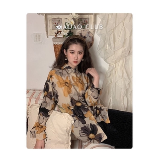 mujer camisa impresa 2021 primavera nueva suelta retro impresión sol vendaje vestido diseño de manga larga gasa top (6)