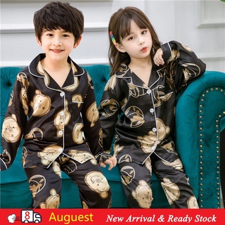 Conjunto de pijama nuevo Baju Tidur estilo manga larga camisón de dibujos animados impreso pijama de solapa transpirable Unisex para niños y niñas hielo seda dormir ropa