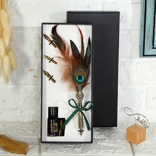 ☊HOME_Feather Writing Quill Pen Ink Bottle Set Collection Calligraphy Stationery☊