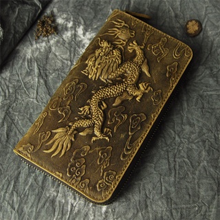 [hecho a mano]sudadera de cuero de cuero de tigre de dragón tridimensional de primera capa de cuero de cuero de tigre de dragón de la primera capa de los hombres de la primera capa de la bolsa de teléfono móvil de la tarjeta múltiple de los hombres