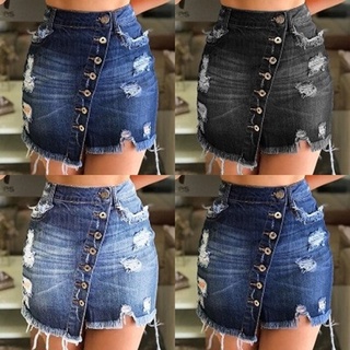 las mujeres de verano rasgado agujero faldas denim jeans mini falda de cintura alta botón faldas (1)
