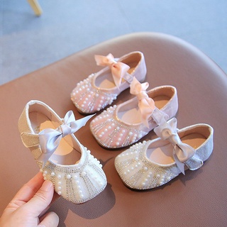 Niños Bebé Princesa Zapatos Arco Perla Bling Niñas Coreano Moda Planos