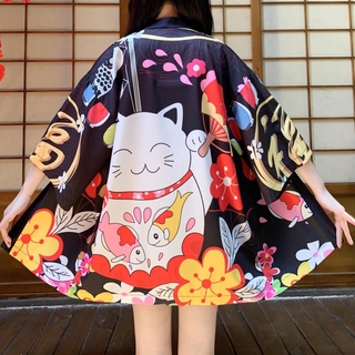 Suelto Rojo Negro Gato De La Suerte Japonés De Dibujos Animados Kawaii Playa Cardigan Mujeres Asiáticas Harajuku Kimono Cosplay Tops Blusa Yukata Ropa (1)
