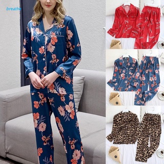 brea Women Ice Silk 2Pcs Pajamas Set Long Sleeve Buttons Tops Pants Leopard Sleepwear