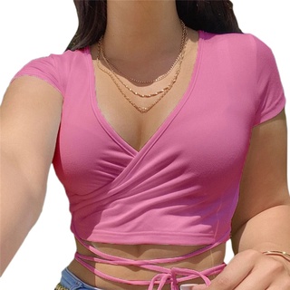 las mujeres de la moda de color sólido sexy v-cuello crop tops slim fit verano manga corta tank top camisetas (1)