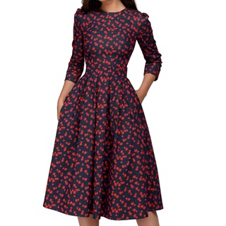 [EXQUIS]Women's Floral Vintage Dress Elegant Midi Evening Dress 3/4 Sleeves