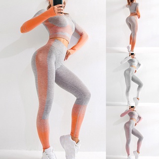 Sin Costuras Yoga Mujeres Conjunto De Manga Larga Cintura Alta Deporte Gimnasio leggings Ropa Deportiva Fitness Traje Conjuntos HGiP