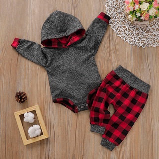 Infant Baby Boys Girls Plaid Hooded Pullover Romper Bodysuit Pants Outfits
