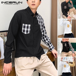 incerun hombres moda manga larga patchwork celosía botones camisas (3)