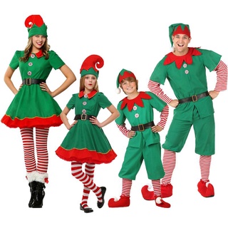Adulto Niños Navidad Cosplay Verde Elfo Santa Claus Disfraz De Familia Regalo De