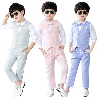 4pcs niños niños traje azul formal fiesta de boda esmoquin camisa trajes de rosa claro gris cuadros traje caballero