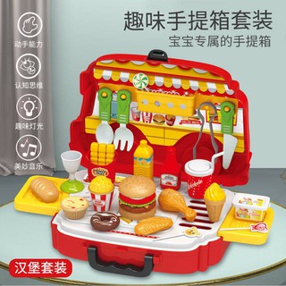 Juego de la casa de juguetes de los niños juego de los niños de la casa de juego de cocina juguetes de niños y niñas cocina utensilios de cocina vajilla de corte de frutas hamburguesa pushcart (1)