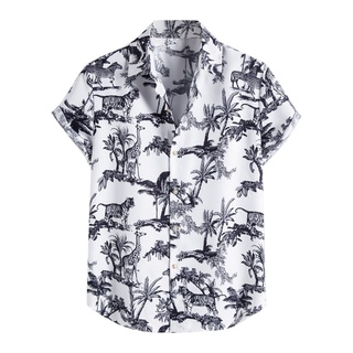 [EXQUIS] hombre moda étnica manga corta Casual impresión hawaiana camisa blusa camiseta (2)