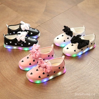 Por Vida Niños Niñas LED Luz Zapatos Transpirable Cuero Bowknot Minnie Princesa kasut bayi2021 E57T