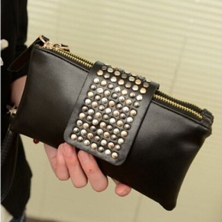 fashionjewelry exquisita mujer cuero pu moda negro remache bolso de embrague bolso cremallera larga cartera