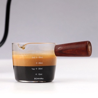 Vaso medidor de vidrio Espresso Shot Glass 75ML Triple jarra Barista solo caños con mango de madera (3)