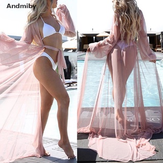 [Andmiby] Womens Long Sleeve Chiffon Kimono Beach Cardigan Bikini Cover Up Wrap Beachwear QMT