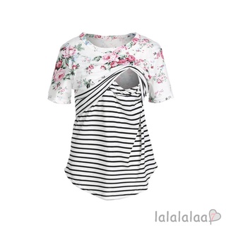 LAA7-Mujeres Verano Enfermería Tops Rayas Floral Impreso Manga Corta T-shirt Maternidad Lactancia Materna Ropa