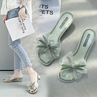 Bowknot Zapatillas Mujer ins Moda Verano 2021 Desgaste Exterior Todo-Partido Tacón Grueso Sandalias De Medio Alto Zapatos De Las Mujeres