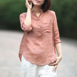 s-5xl mujeres más el tamaño de la blusa de moda de color sólido camisa suelta salvaje transpirable algodón lino tops