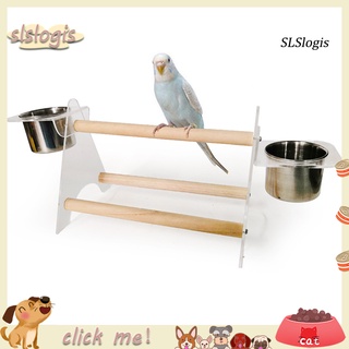 SN_Wood Parrot Standing Perch Bar Climbing Water Food Feeder Bowl Bird Triangle Toy