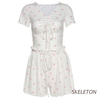SKELETON Womens Summer Floral Print Pajamas Set Short Sleeve V-Neck Crop Top Drawstring Loose Pants Ruffles Trim Lounge Sleepwear