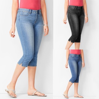 (wopyt.br) Mujeres de talle alto Denim Jeans elástico delgado pantalones de longitud de pantorrilla Jeans