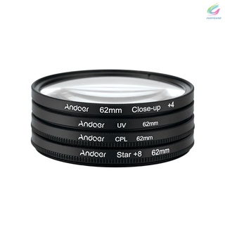 Nuevo Andoer 62mm UV+CPL+Close-Up+4 +Star filtro de 8 puntos Circular filtro polarizador filtro Macro Close-Up Star 8 puntos filtro con bolsa para cámara Pentax DSLR