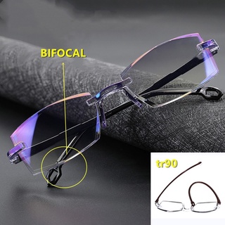 alta calidad bifocal anti azul gafas de lectura portátil sin montura multifocal presbiópica gafas de aumento diamante corte nuevo