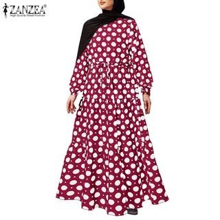 Zanzea mujer Retro Muslim lunares impreso manga larga O-cuello Maxi vestido