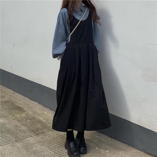 Otoño Traje Mujer Preppy Estilo Versión Coreana Suelta Todo-Partido Camisa + Largo Negro Correa Vestido Dos