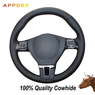 APPDEE Black First Layer Real cowhide Leather Steering Wheel Cover for Volkswagen VW Golf Tiguan Passat B7 CC Touran Magotan Sagitar