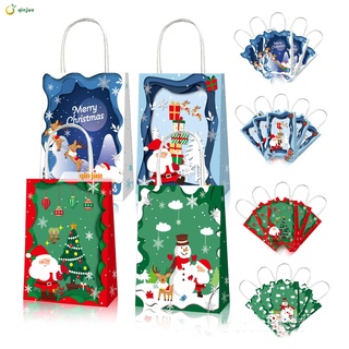 Qinjue 12pcs uso comercial bolsa de navidad decoración de fiesta regalos embalaje bolsas de embalaje papel Kraft alce Santa imagen con asa para galletas dulces galletas suministros de navidad