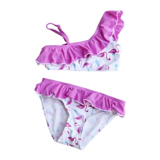 ✩Ne♡Niños Flamingo impresión Split traje de baño conjunto, niñas sin mangas de hombro Bikini + bragas con volantes