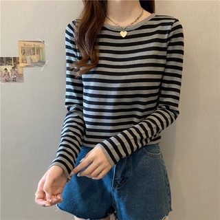 [oferta de hoy] [precio al por mayor] ~coreano languid estilo suelto y delgado manga larga top color coincidencia horizontal barra suéter (7)