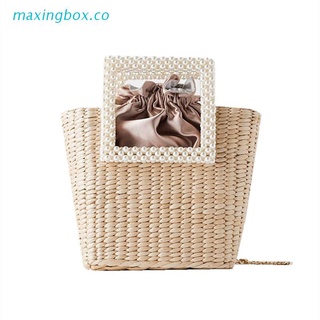 maxin Straw Bag with Square Pearl Handle Natural Retro Messenger Bags Summer Beach Tote Bags Woven Rattan Bag for Ladies