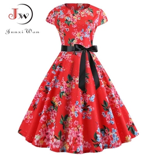 Estampado Floral elegante 50S manga corta mujeres verano Vintage 60S vestidos de fiesta rojo