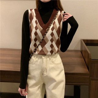 Suéter de punto de las mujeres cuadros contraste Color de lana sin mangas chaleco femenino (4)