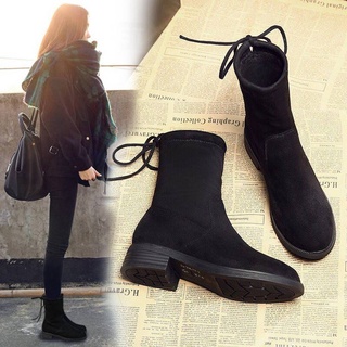 ☀Más vendido ☀Cabeza redonda elástica calcetines de tela botas otoño e invierno tacón grueso tacón plano pequeño botas cortas mujeres todo-partido (1)