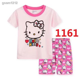 ✣❂Listo STOCK niñas niños ropa de dormir pijamas Hello Kitty manga corta 2Pcs camiseta+pantalones conjunto