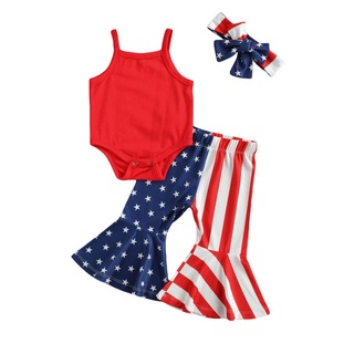 Ont-3Pcs Baby Independence Day Outfit, Color sólido Spaghetti Straps mameluco + Star Stripe Flare pantalones para recién nacido